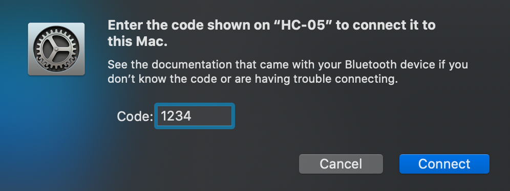 Inputting default HC-05 password of 1234